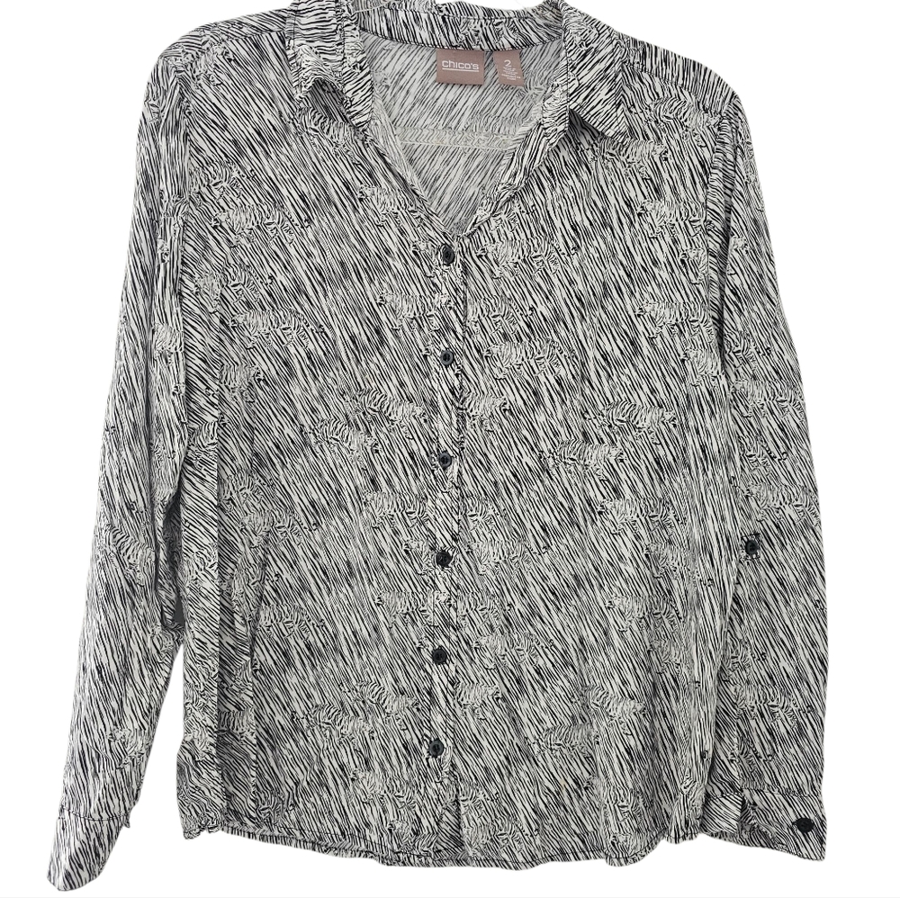 Chico's Black‎ White Tiger Print Button Down Top Women's Large/2